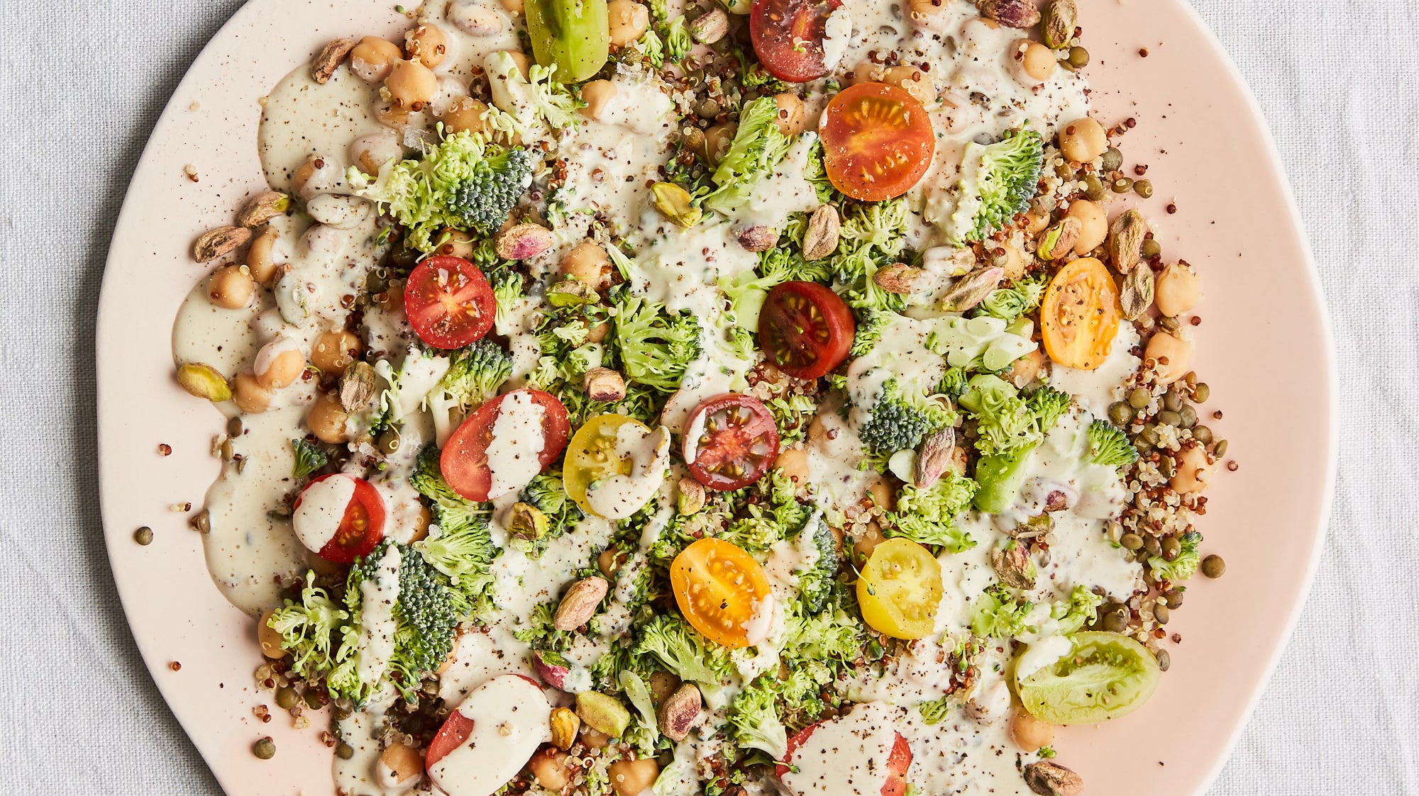 Quinoa, Tomato and Broccoli Salad with Tahini Dressing