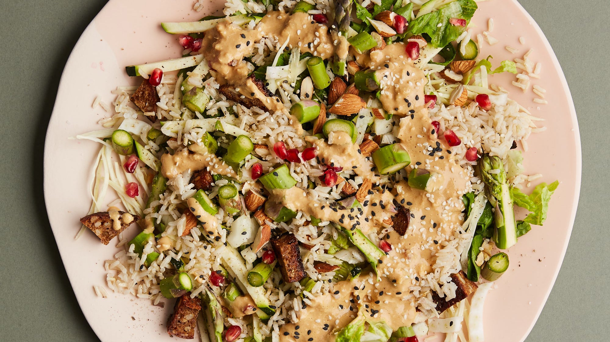 Asparagus and Brown Rice Salad with Almond, Ginger and Tamari Dressing