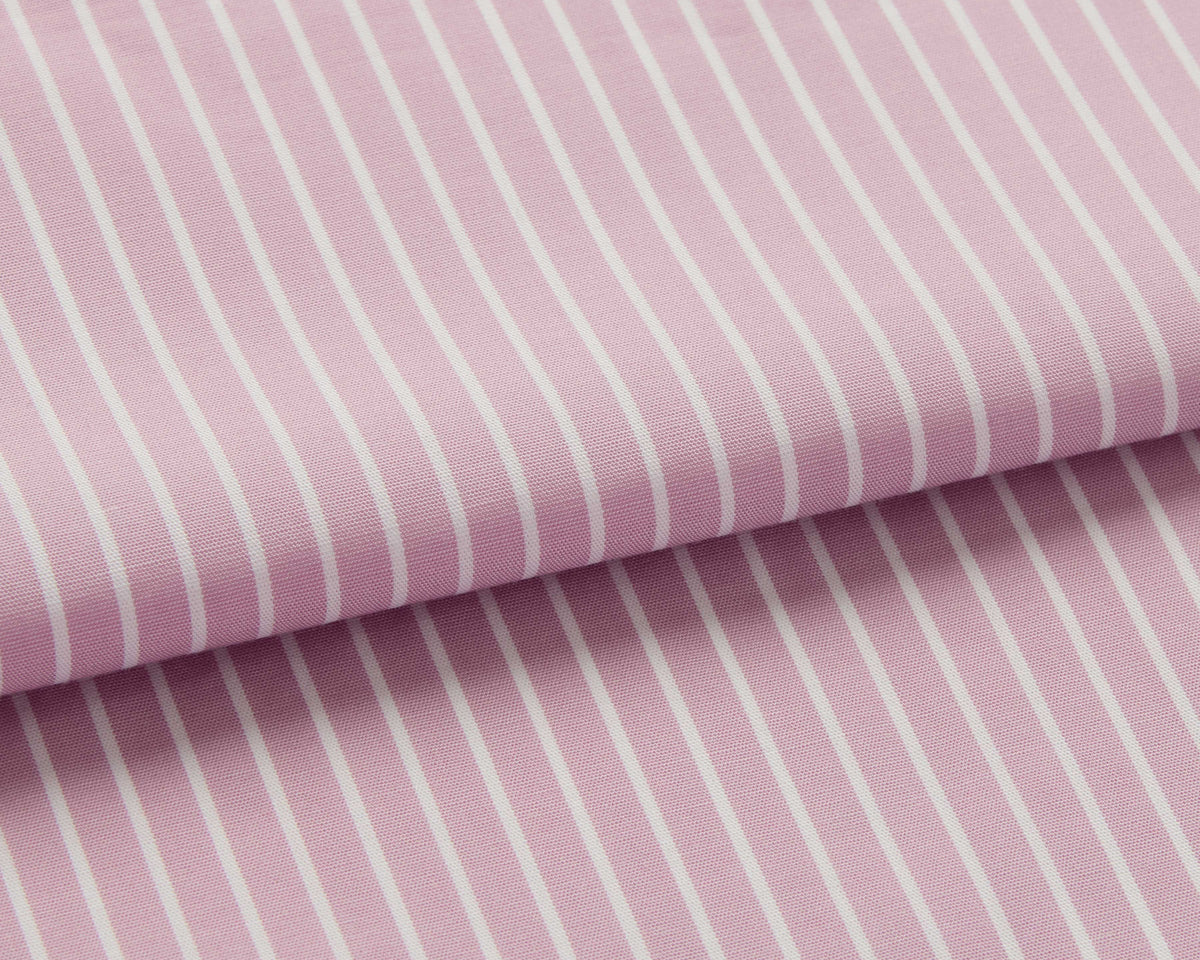 Bonsoir of London women's cotton purple and white stripe, close up shot of material print design.