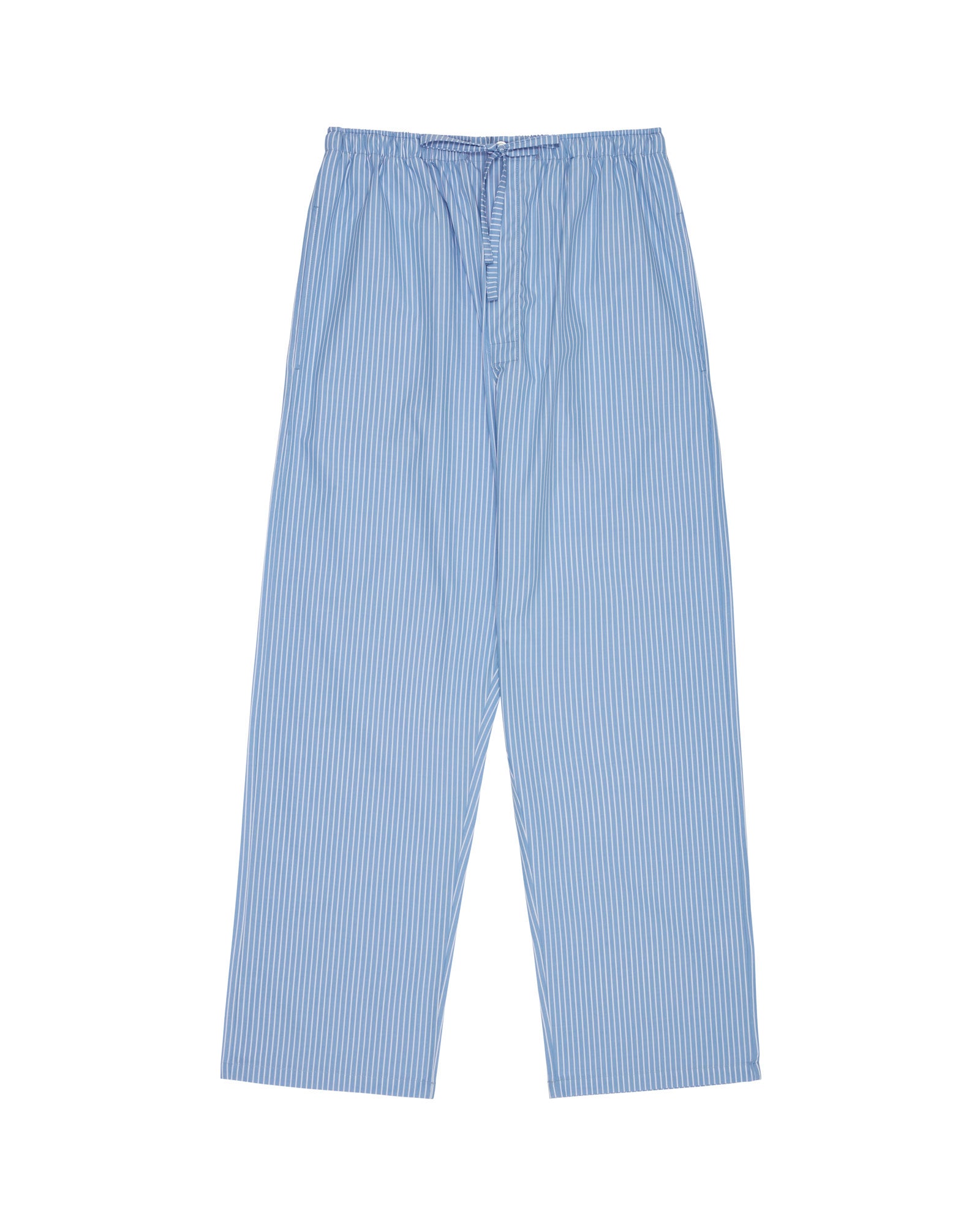 Bonsoir of London men's cotton pyjama trousers in blue and white stripe, elasticated waist with drawstring and two side pockets and a concealed button fly, flat shot on a studio background.