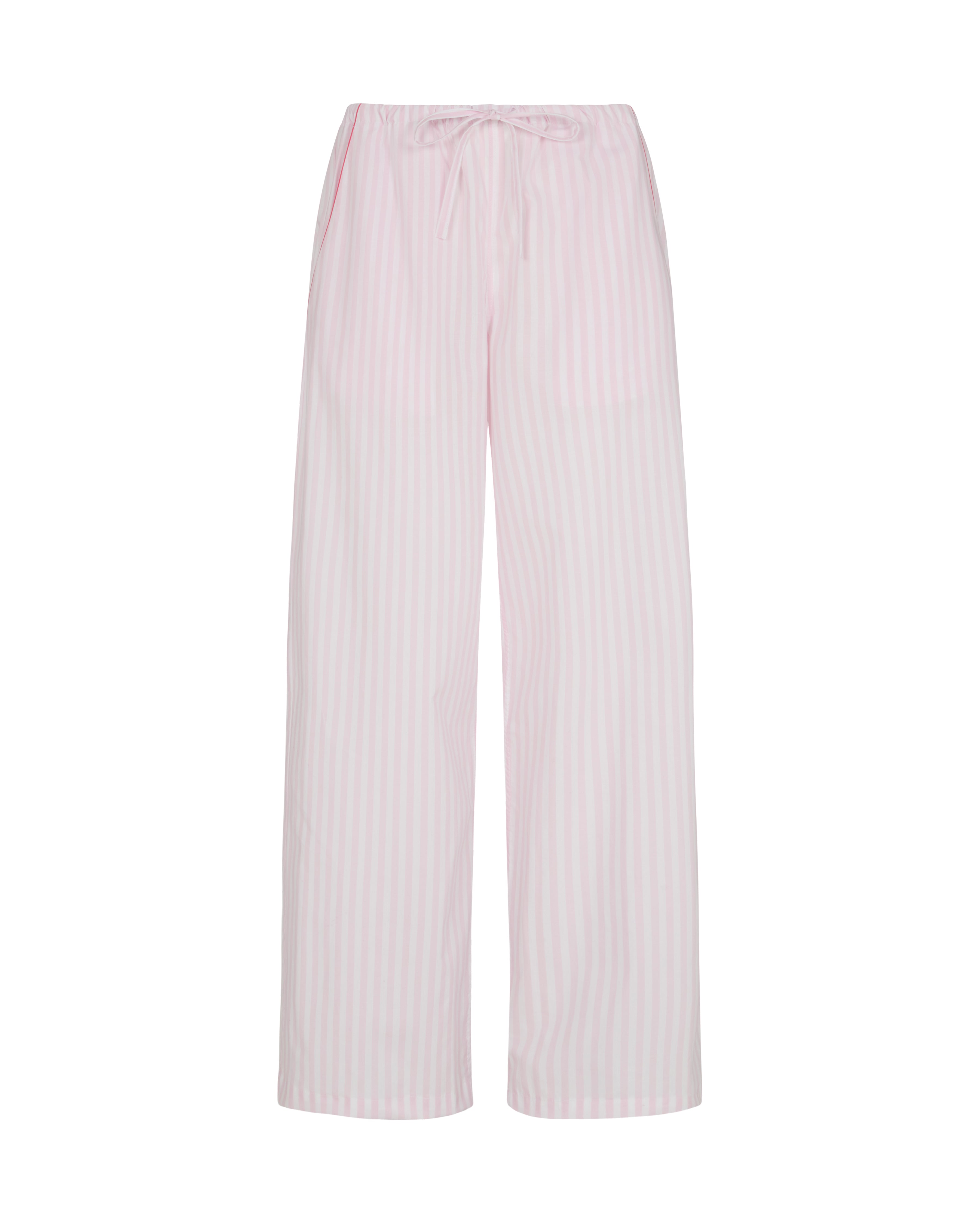Bonsoir of London women's cotton pyjama trousers in pink stripe, fully elasticated tie waist, shot on a studio background.