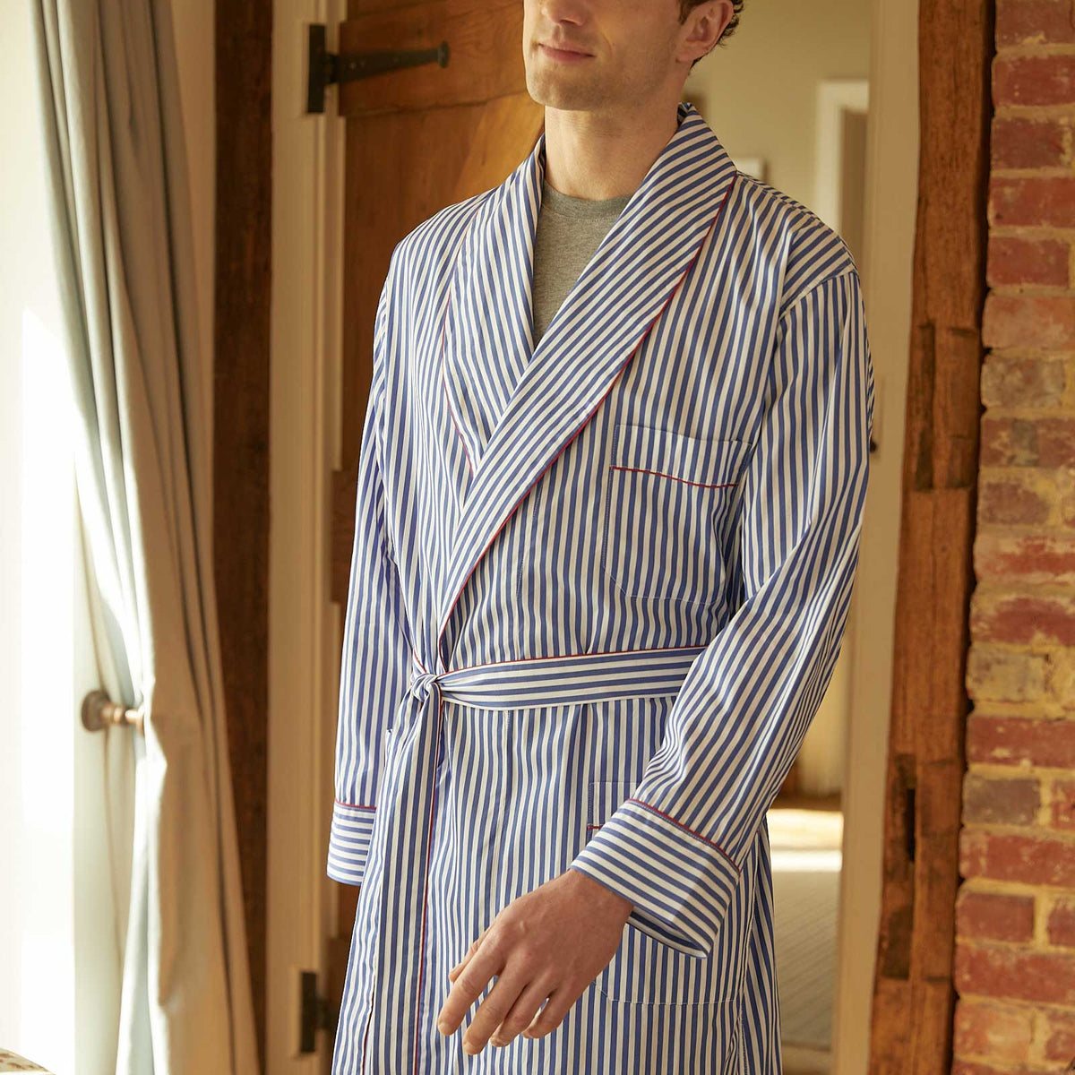 mens cotton summer dressing gown Thom Sweeney - Sky Blue Brushed Cotton Dressing Gown