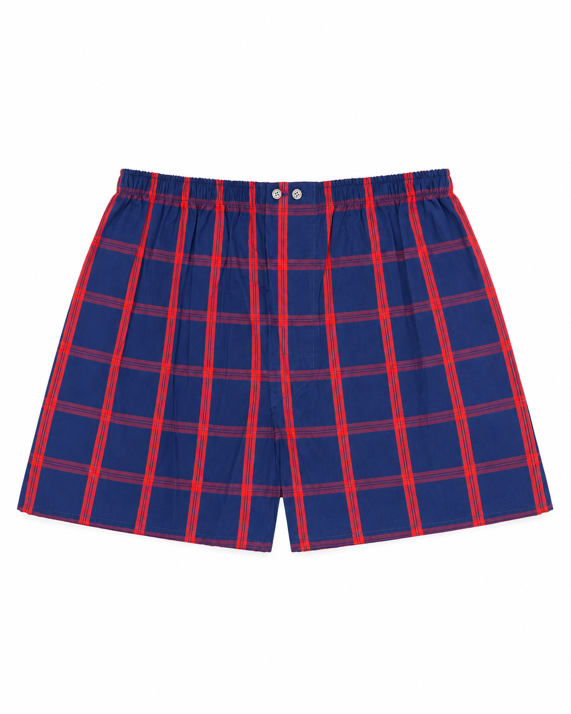 Bonsoir of London Men’s James Blue Red Tartan Classic Cotton Boxer Shorts, featuring a navy blue base with red tartan check design, classic fit, flat lay product shot.