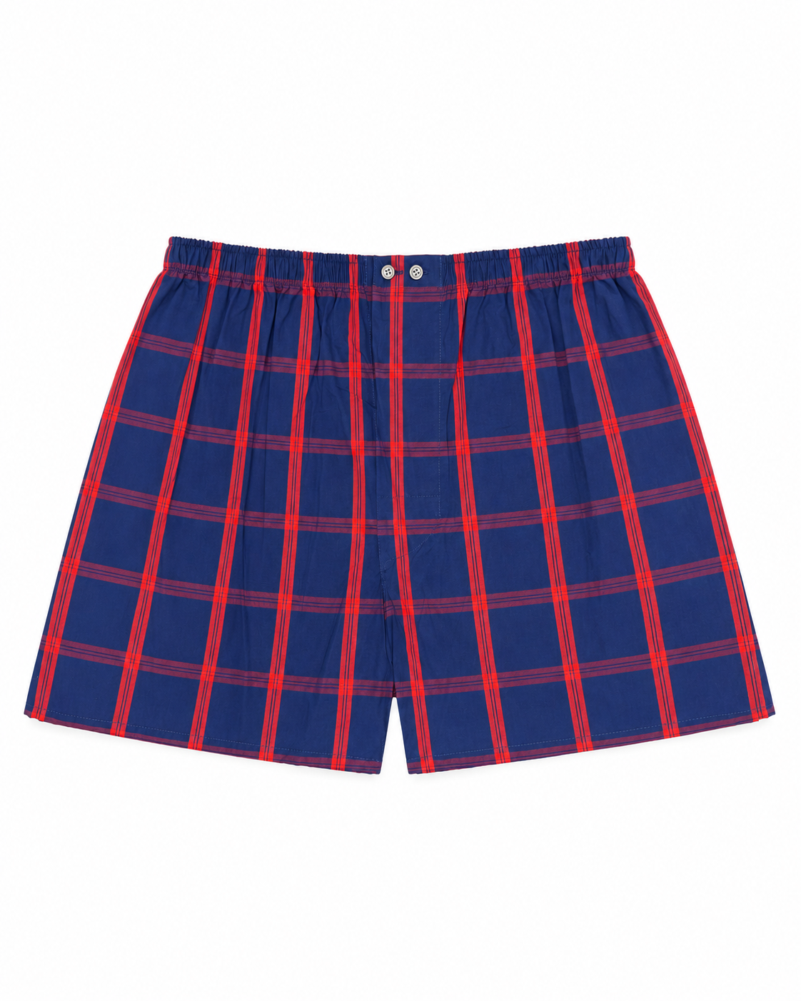 Bonsoir of London Men’s James Blue Red Tartan Classic Cotton Boxer Shorts, featuring a navy blue base with red tartan check design, classic fit, flat lay product shot.