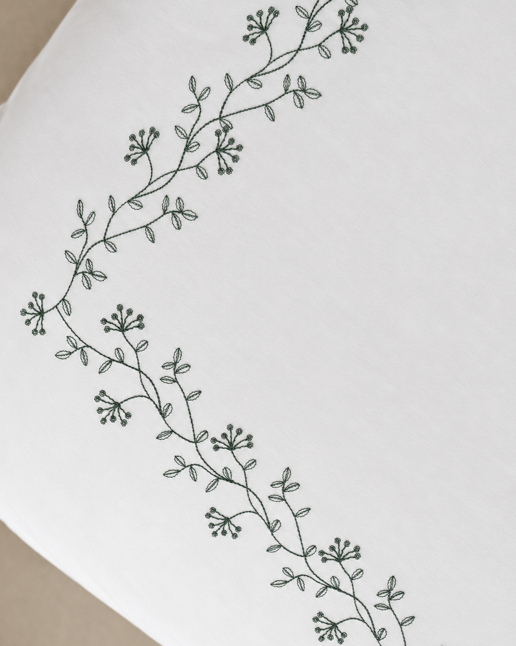 Bonsoir of London detail shot of the green floral embroidery on the Kensington bedding.