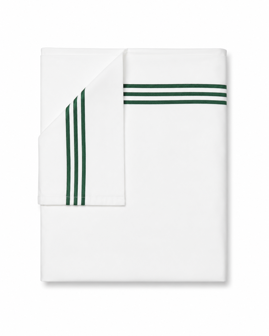 Bonsoir of London white cotton flat sheet with green embroidered stripes, folded on a white background.