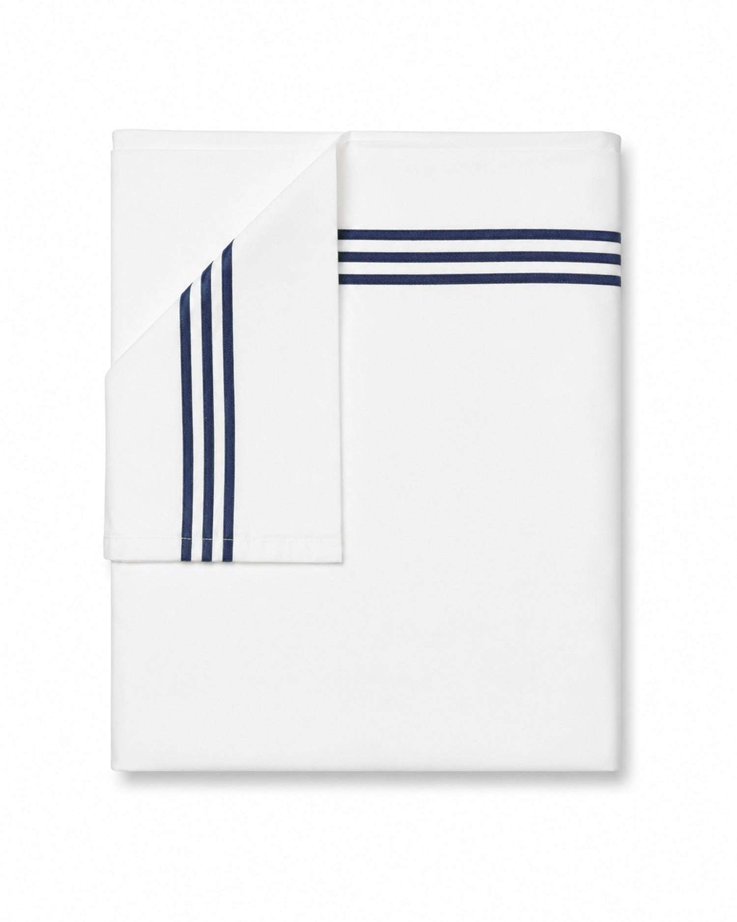 Bonsoir of London folded white sheet with navy blue stripes on a white background.