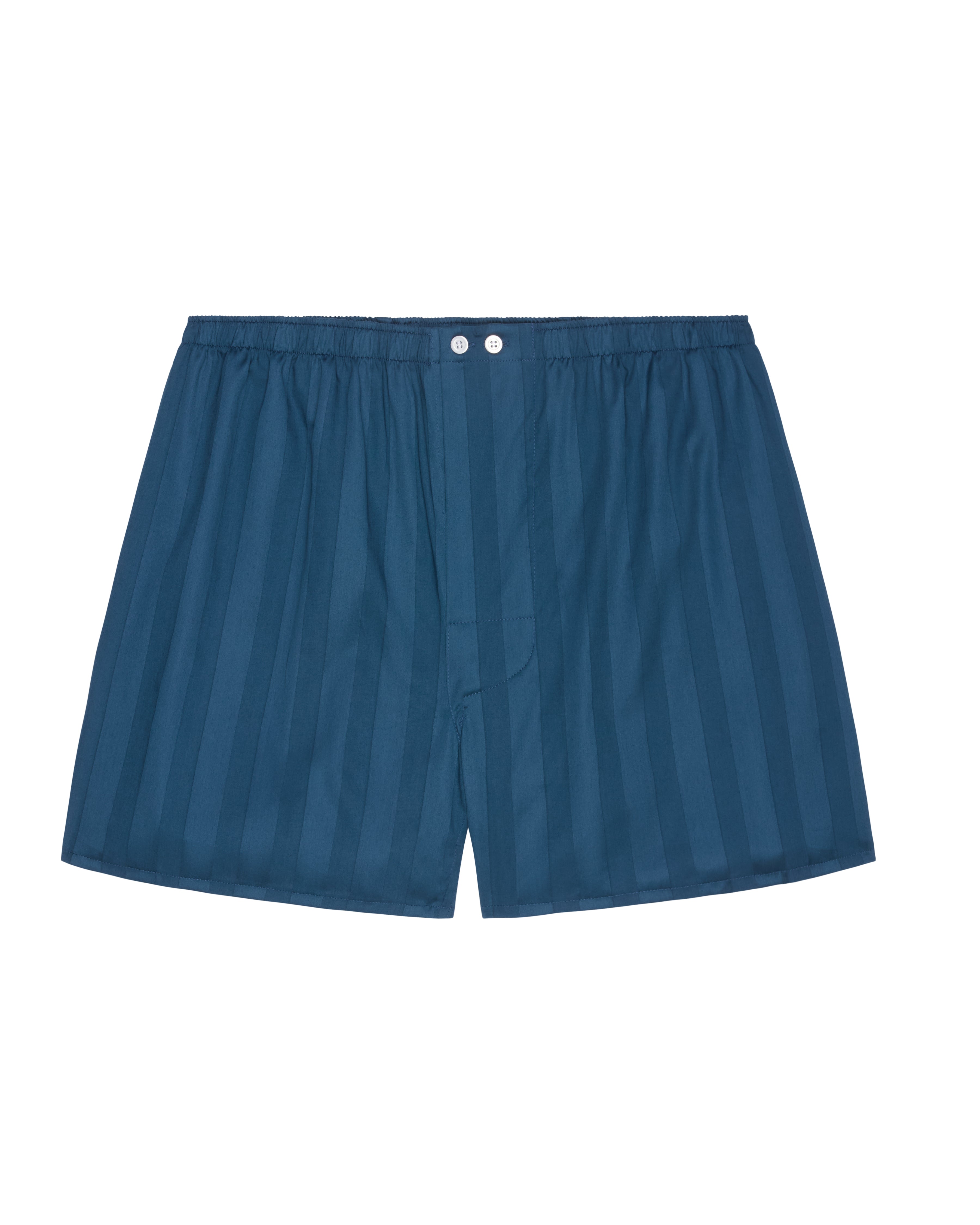 Bonsoir of London men's satin boxer shorts in navy, elasticated waistband, button-front fastening. Classic fit with rear back panel (no central back seam) and flat-felled seams for a smooth, irritation-free finish, flat shot on a studio background.