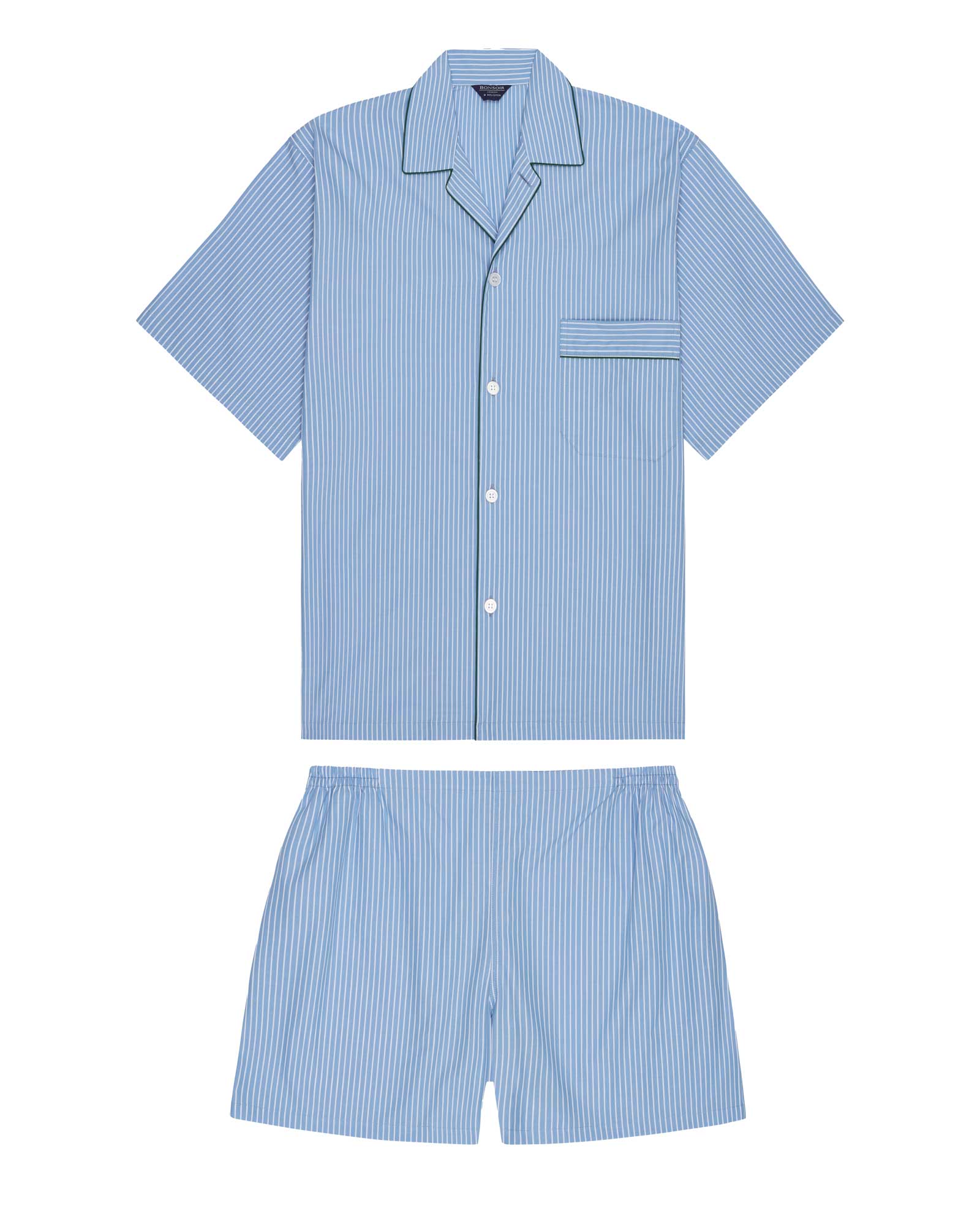 Bonsoir of London men's cotton short pyjamas in blue and white stripe with elasticated waist, flat shot on a studio background.
