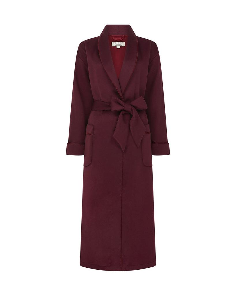 Women's Silk-Lined Cashmere Robe - Claret | Bonsoir of London