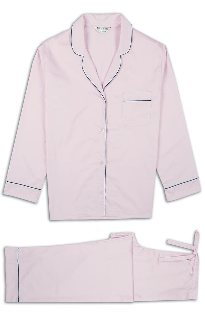 Women's Classic Cotton Pink Sateen Pyjamas | Bonsoir of London
