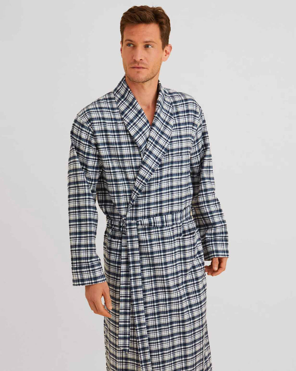 Men's Brushed Cotton Dressing Gown Grey Plaid Bonsoir of London