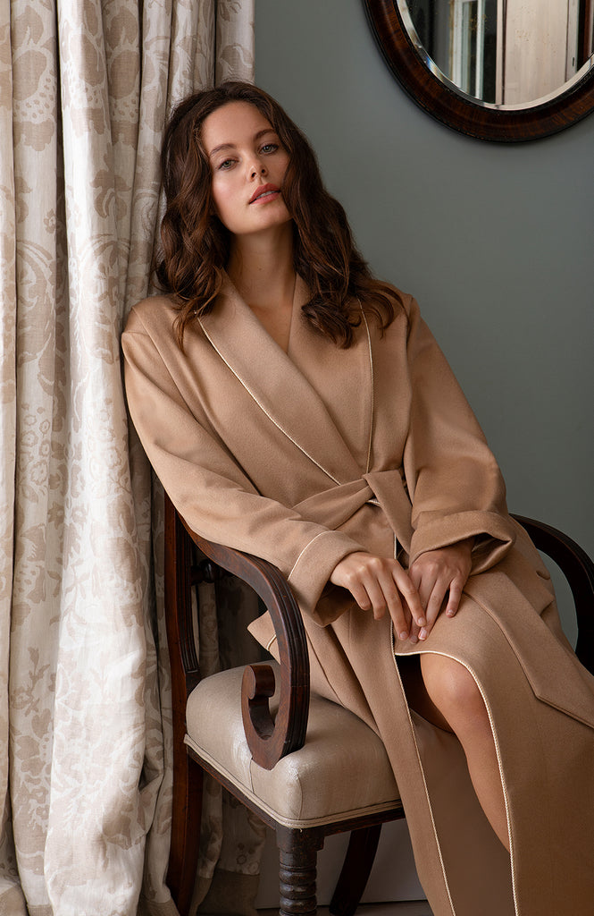 Women's Luxury Camel Silk-Lined Cashmere Robe | Bonsoir of London