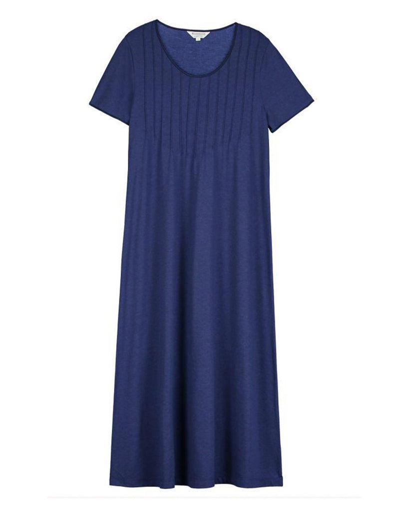 Women's French Pleat Short Sleeve Jersey Nightdress - Midnight Blue | Bosnoir of London
