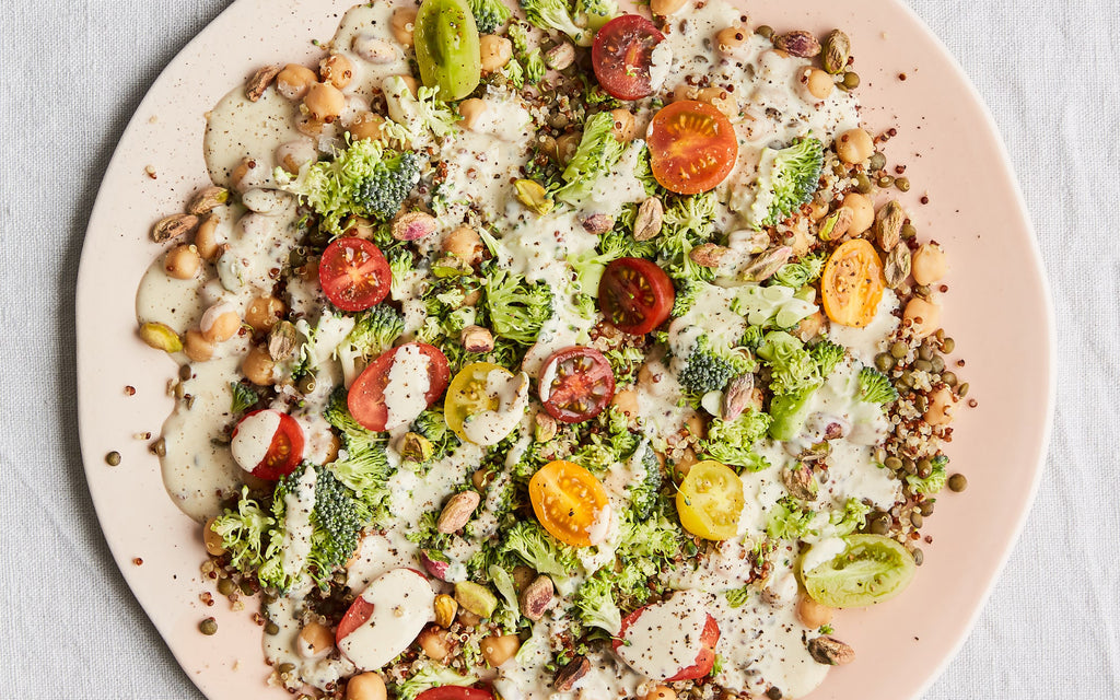 Quinoa, Tomato and Broccoli Salad with Tahini Dressing