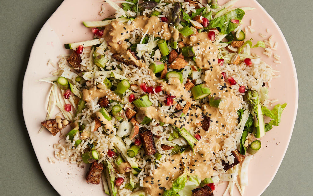 Asparagus and Brown Rice Salad with Almond, Ginger and Tamari Dressing