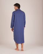 Bonsoir of London Men’s Edward Blue Plaid Classic Cotton Nightshirt, featuring a blue plaid check design, four-button placket, shirt-tail hem and generously cut fit, full body shot on a model from the back.