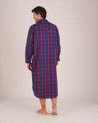 Bonsoir of London Men’s James Blue Red Tartan Classic Cotton Nightshirt, featuring a navy blue and red tartan check design, four-button placket, shirt-tail hem and generously cut fit, full body shot on a model from the back.