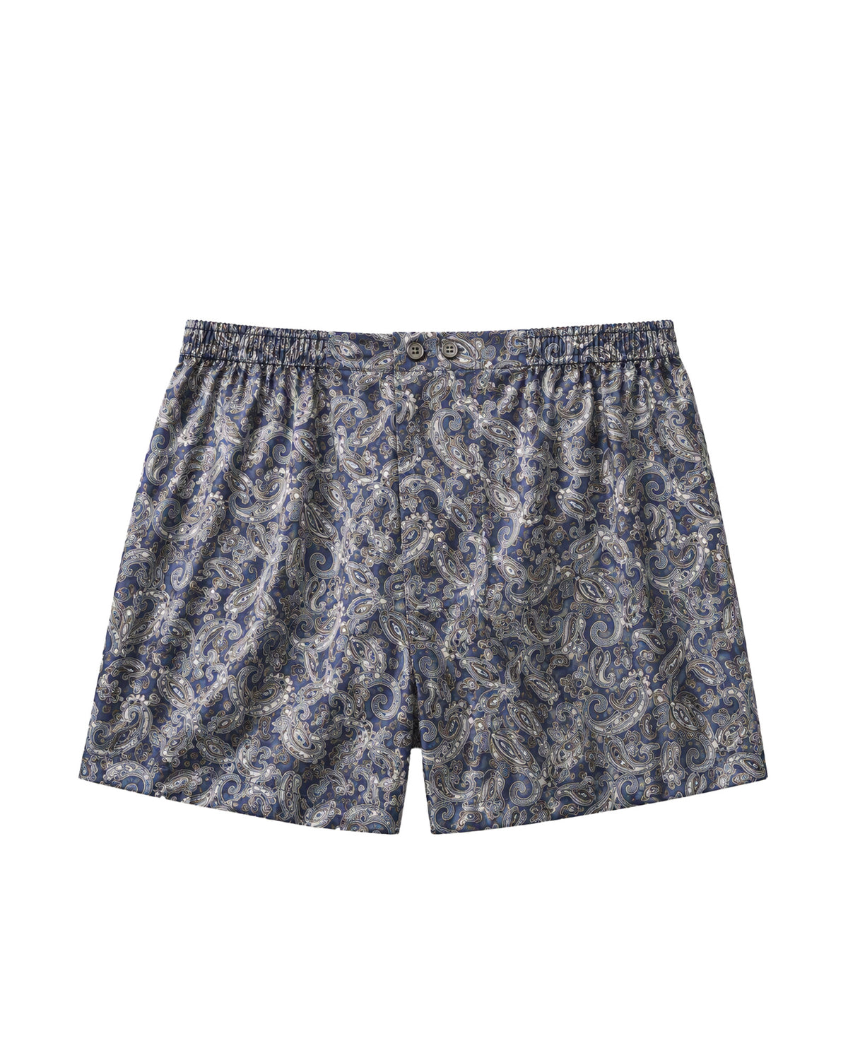Bonsoir of London Men’s Alfie Paisley Silk Boxer Shorts, featuring a luxurious silk satin fabric, classic paisley design, fully elasticated waistband, traditional button fastening, distinctive back panel, flat-felled seams, flat lay product shot.