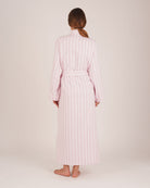 Bonsoir of London women’s brushed cotton dressing gown in Freya Pink Stripe, pink striped design, shot on model from back.