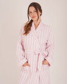 Bonsoir of London women’s brushed cotton dressing gown in Freya Pink Stripe, pink striped design, shot on model.
