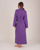 Bonsoir of London Women’s Lily Purple Stripe Brushed Cotton Dressing Gown, featuring a purple striped design, shot on a model from the back.