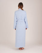 Bonsoir of London Women’s Poppy Blue White Gingham Brushed Cotton Dressing Gown, featuring a blue and white gingham check design, pink piping detail, shot on a model from back.
