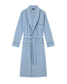 Bonsoir of London men's cotton dressing gown in blue and white stripe, relaxed fit with shawl collar, wide tie belt and pockets, flat shot on a studio background.