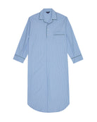 Bonsoir of London men's cotton nightshirt in blue and white stripe, rounded hem, button placket, breast pocket and front pleat, flat shot on a studio background.