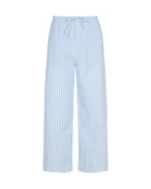 Bonsoir of London women's cotton pyjama trousers in blue stripe, fully elasticated tie waist, shot on a studio background.