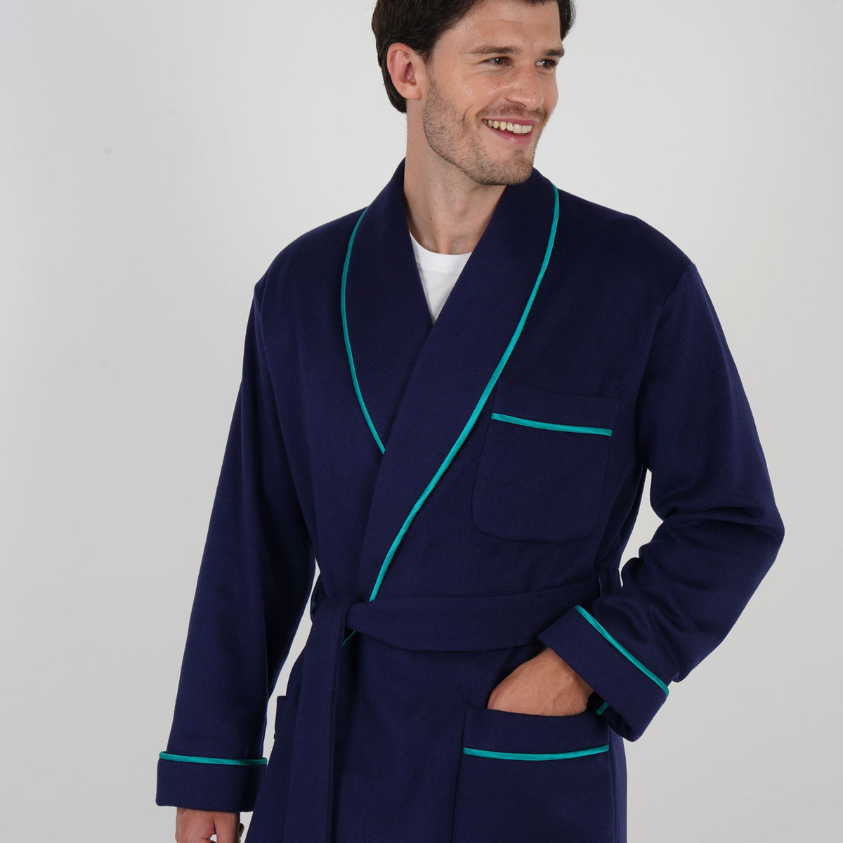 Men's Silk-Lined Cashmere Robe - Navy with Colmworth Geo Print Silk Li ...