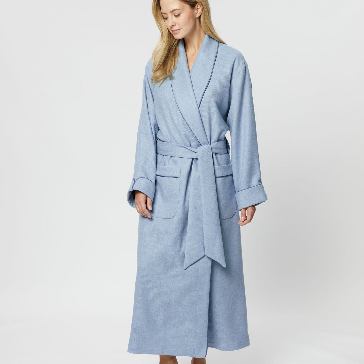 Sky Blue Pattern Robe Women's Silk-Lined Wool Robe - Sky Blue – Bonsoir of London
