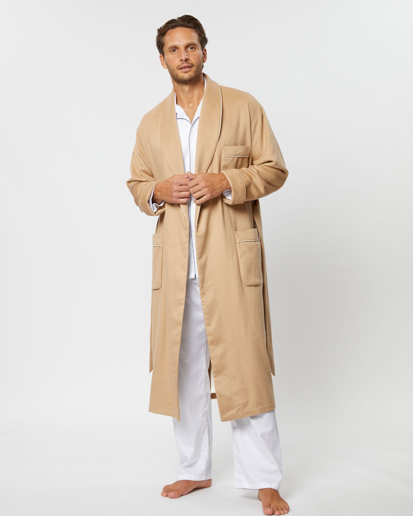 Men's Luxury Camel Silk Lined Cashmere Robe | Bonsoir of London