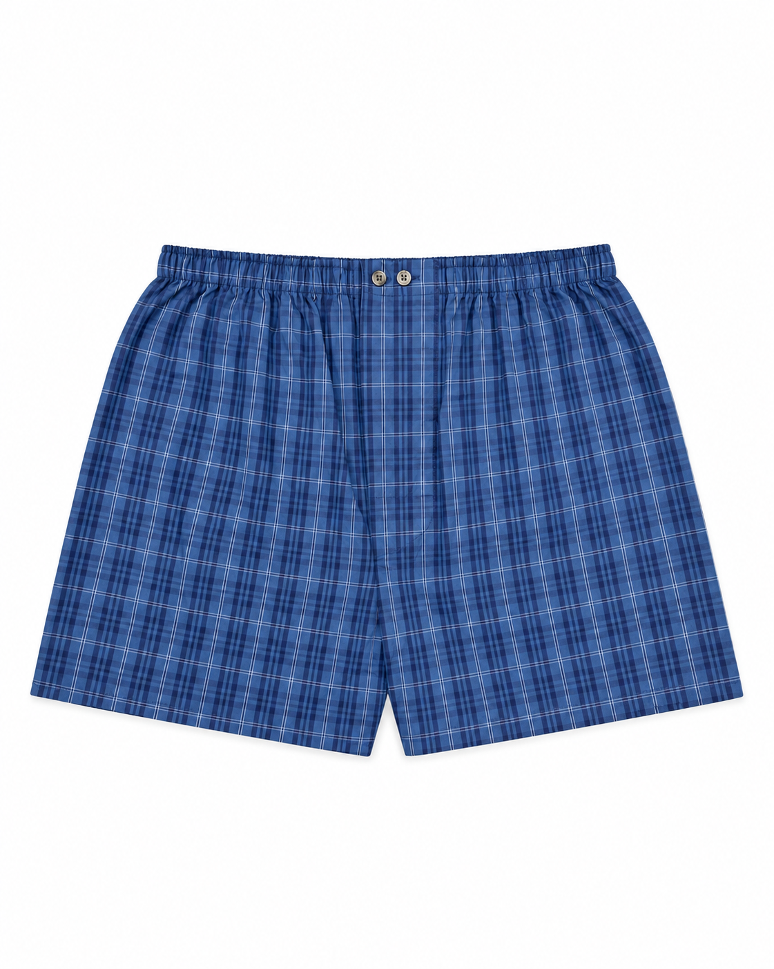 Bonsoir of London Men’s Edward Blue Plaid Classic Cotton Boxer Shorts, featuring a blue plaid check design, classic fit, three-panel seat, extra smooth seams for comfort, flat lay product shot.