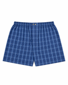 Bonsoir of London Men’s Edward Blue Plaid Classic Cotton Boxer Shorts, featuring a blue plaid check design, classic fit, three-panel seat, extra smooth seams for comfort, flat lay product shot.
