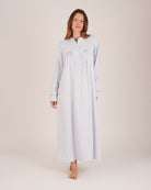 Bonsoir of London Josephine Brushed Cotton Nightdress, Isla Blue White Stripe, featuring long sleeves, button detail, a blue and white striped design, full body shot on a model.