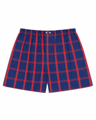 Bonsoir of London Men’s James Blue Red Tartan Classic Cotton Boxer Shorts, featuring a navy blue base with red tartan check design, classic fit, flat lay product shot.