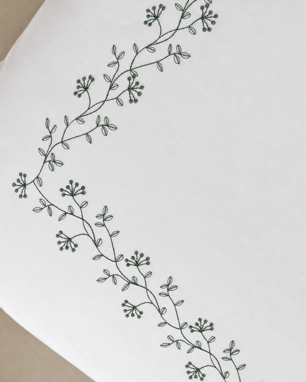 Bonsoir of London detail shot of the green floral embroidery on the Kensington bedding.