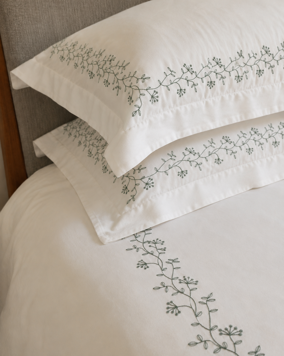 Bonsoir of London Kensington duvet and pillow set, close up of green floral embroidery.