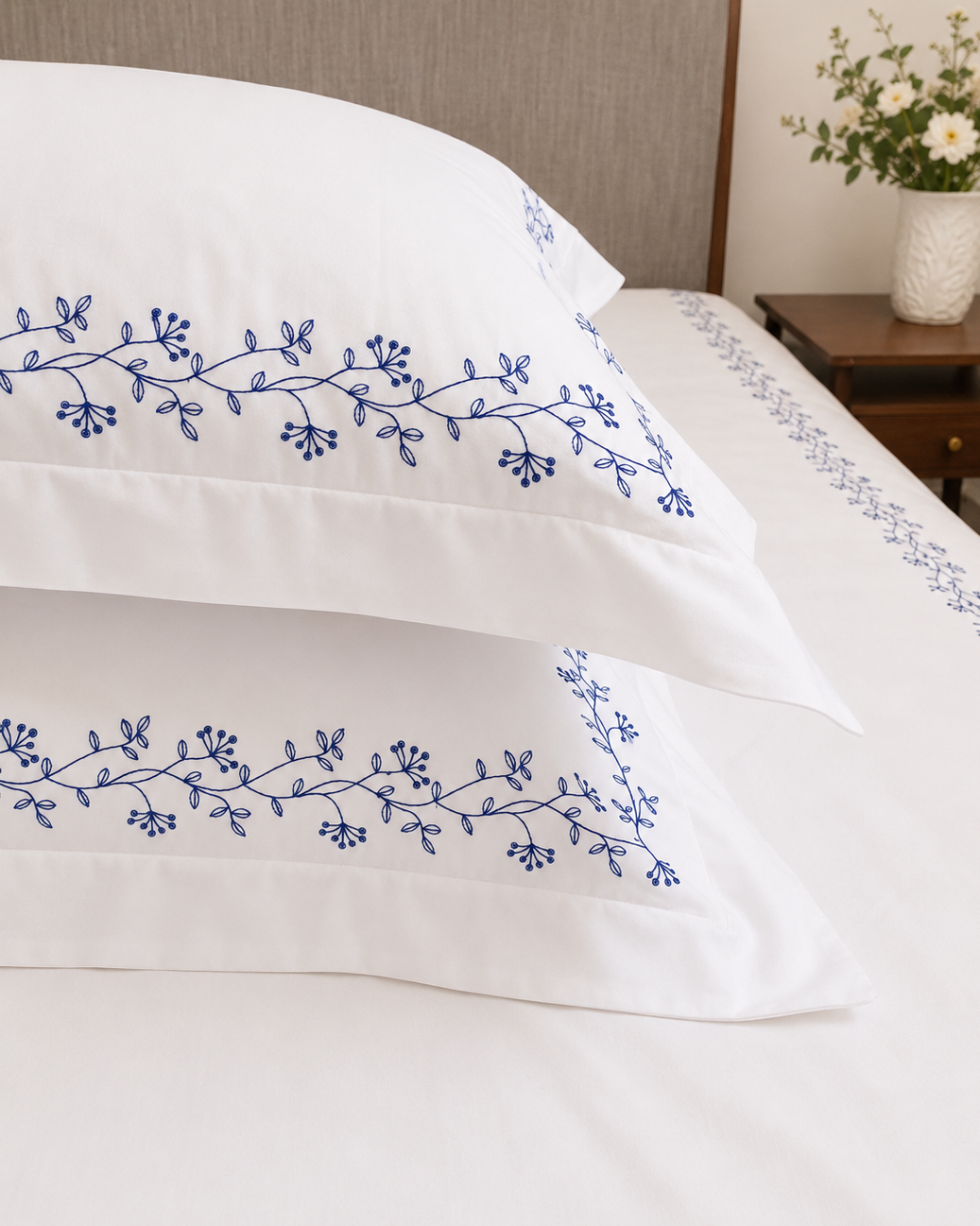 Bonsoir of London white Kensington pillows and duvet cover with blue floral embroidery, on a bed in a bedroom setting.