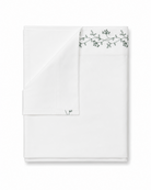 Bonsoir of London white cotton flat sheet set with green floral embroidery on a white background.
