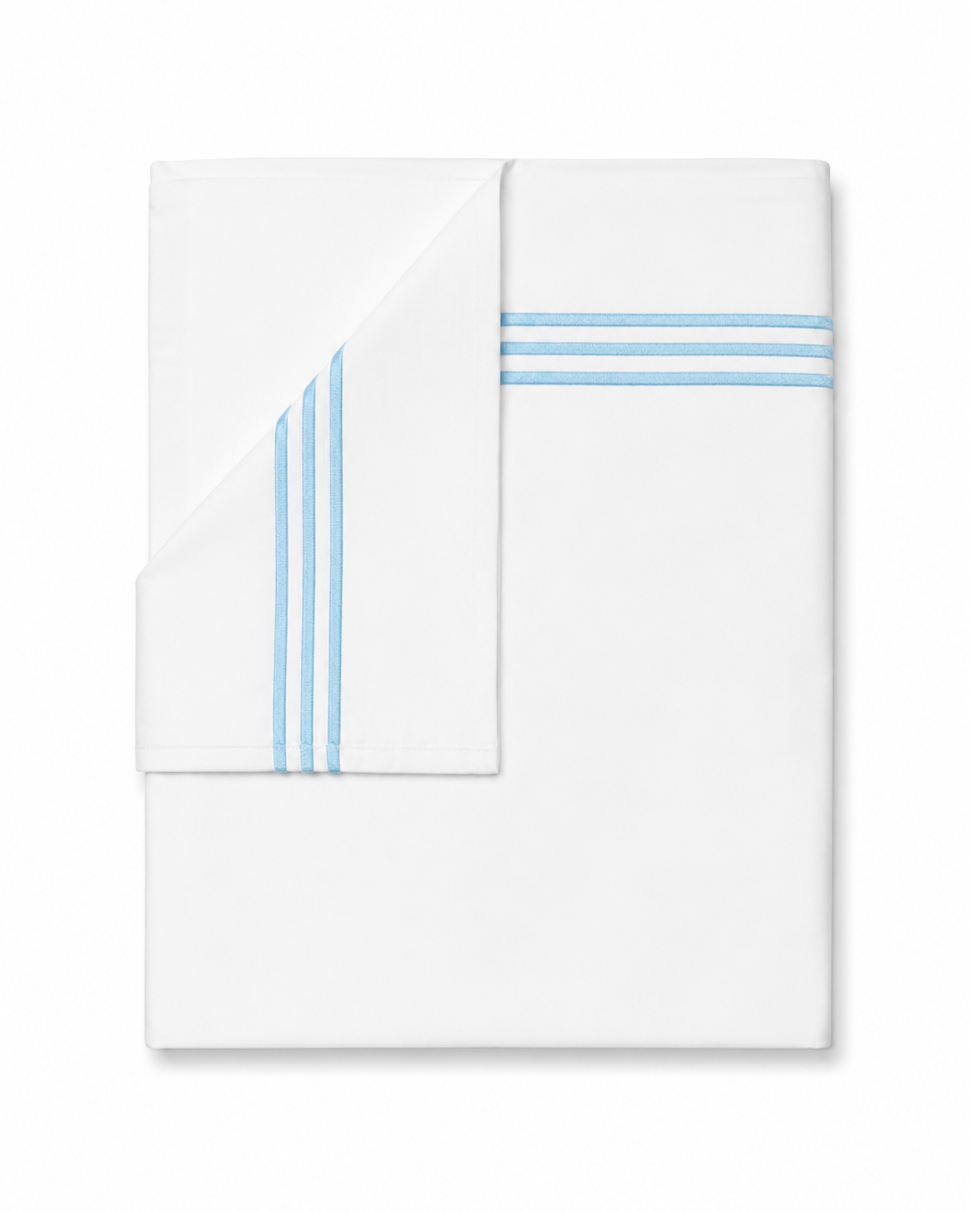 Bonsoir of London white flat sheet with 3 light blue stripes of embroidery, folded on a white background.