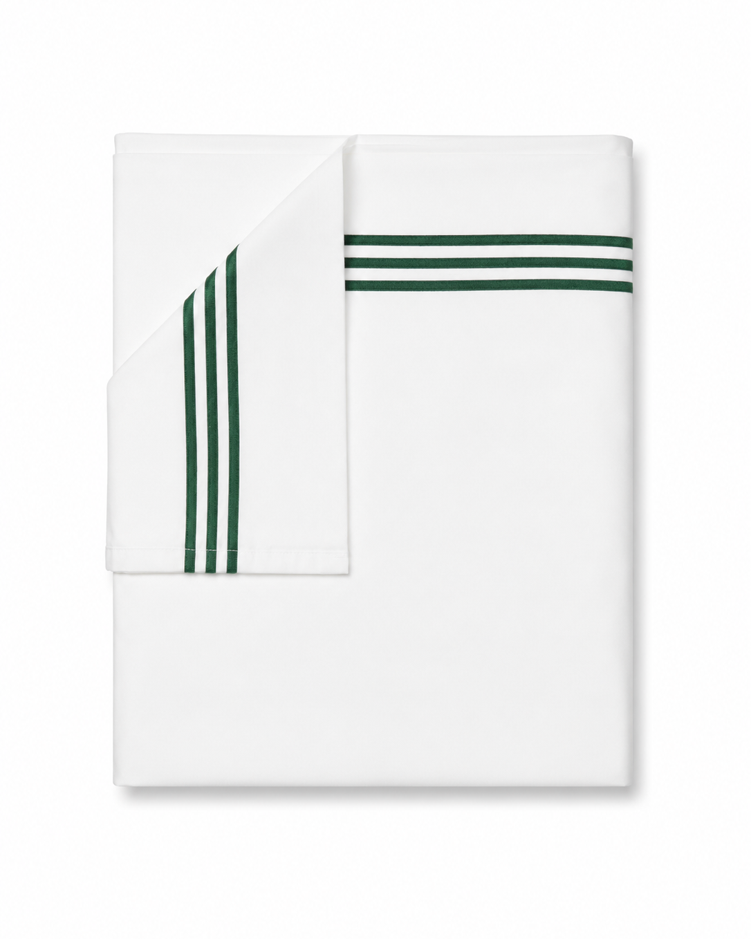 Bonsoir of London white cotton flat sheet with green embroidered stripes, folded on a white background.
