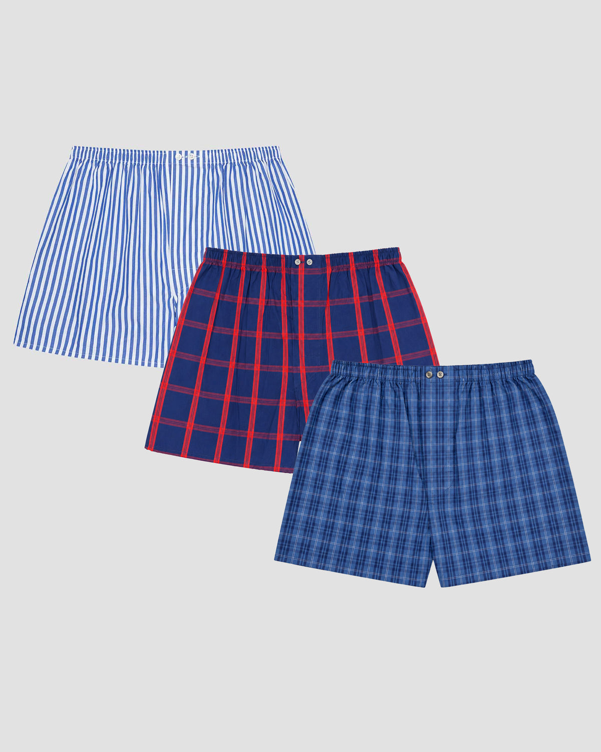 Bonsoir of London Men’s Classic Cotton Boxer Shorts Set, featuring three pairs in St Moritz Stripe, James Check and Edward Check designs, breathable cotton fabric, flat lay image on a white background.