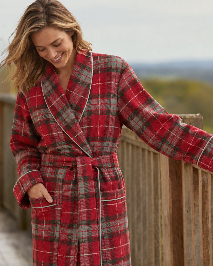 A woman wearing a red and plaid wool dressing stands on a wooden deck outdoors, leaning on a railing with a forest landscape in the background.  Bonsoir of London wool robes handmade in England.