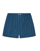 Bonsoir of London men's satin boxer shorts in navy, elasticated waistband, button-front fastening. Classic fit with rear back panel (no central back seam) and flat-felled seams for a smooth, irritation-free finish, flat shot on a studio background.