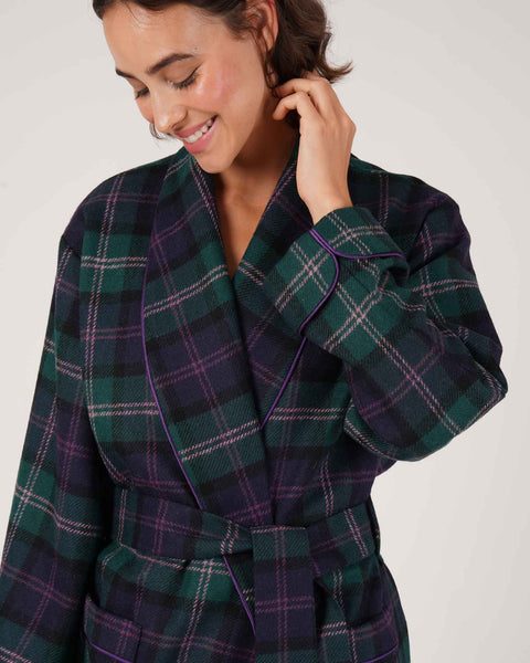 Women's Silk-Lined Wool Robe - Thistle Tartan  Bonsoir of London