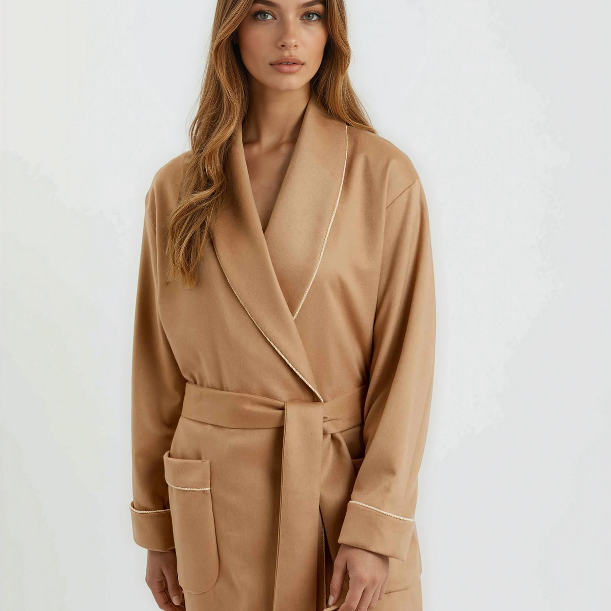 Reversible Cashmere Robe Women's Luxury Camel Silk-Lined Cashmere Robe | Bonsoir of London