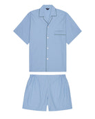 Bonsoir of London men's cotton short pyjamas in blue and white stripe with elasticated waist, flat shot on a studio background.