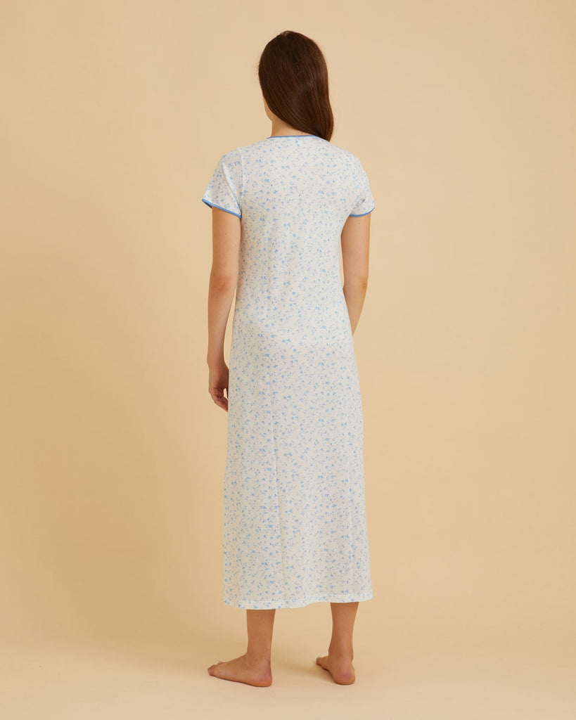 Women's Long Length Short Sleeve Jersey Nightdress - Blue Daisy Flower Print | Bonsoir of London